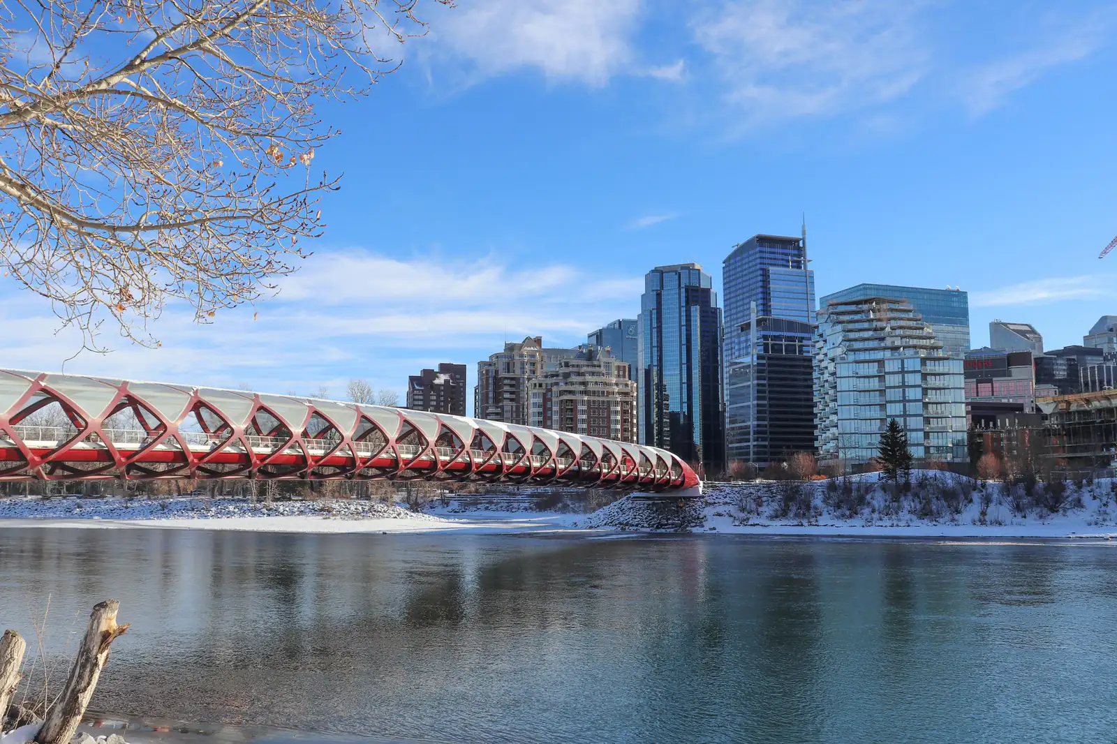 The red Peace Bridge over the Bow River with the Calgary skyline behind